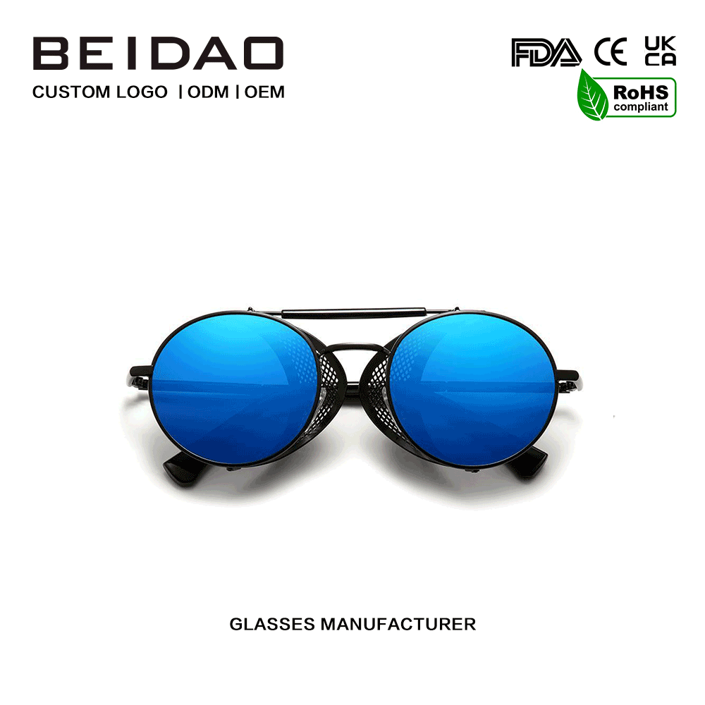 Designer-Brille mit rundem, grenzüberschreitendem Rahmen aus Legierung in Blau