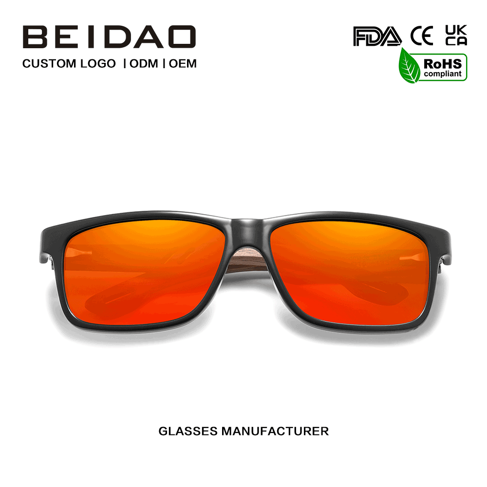 Designer-Sonnenbrille mit Walnussrahmen, rot, polarisiert, individuelles Logo
