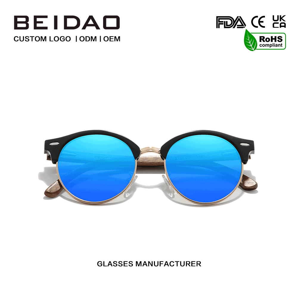 Runde, polarisierte Sonnenbrille aus Walnussholz mit UV400-Schutz und blauer Polarisation